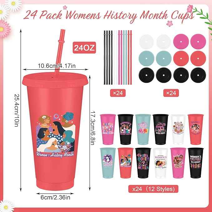 Skylety 24 Pcs Womens History Month Gift Drinking Cups Bulk 24oz with Lids Straws Reusable Plastic Inspirational Tumbler March Feminist International Womens Day Decorations Party Supplies for Adults