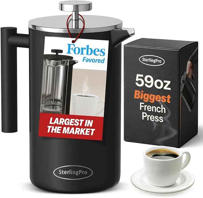 Stainless Steel French Press Coffee Maker 1.75 L (59 oz) Black – Double Walled Insulated Extra Large French Press, Durable Design Keeps Drinks Hot, Easy to Use and Clean for Rich Flavor