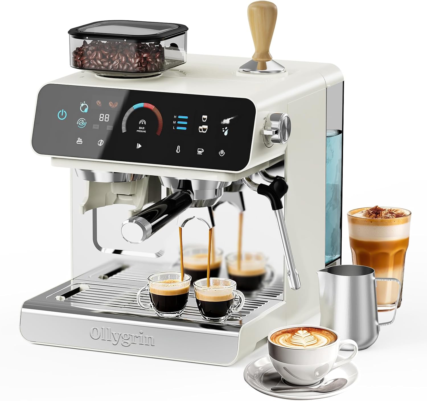 Espresso Machine with Grinder, 20 Bar Professional Espresso Maker with 19 Grind Sizes, Coffee Machine with Milk Frother, 2.8L Removable Water Tank for Latte & Cappuccino - Blissbrew