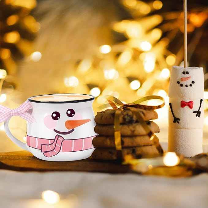 Jinei Set of 6 Christmas Coffee Mugs Gift, 12 oz Hot Cocoa Ceramic Cup for Holiday Milk Tea Mugs Coffee Bar Decoration Christmas Gift for Mom Woman Family Friend(Pink,Snow House)