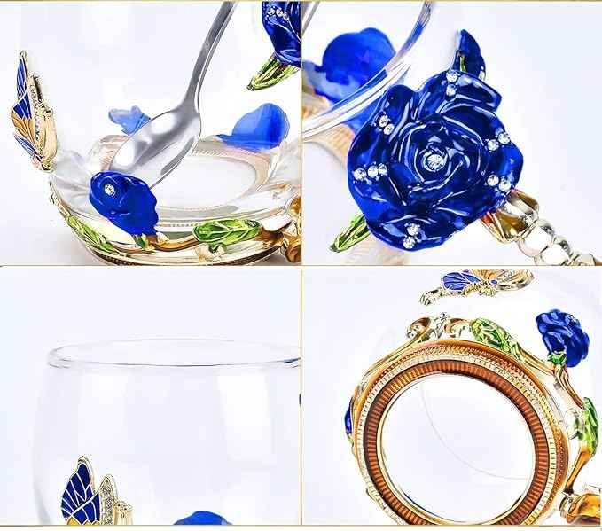 Tea Cup Gifts for Mom Women Mothers Day Glass Coffee Enamels Mug Birthday Butterfly Rose Gifts for Her Valentines Day Christmas Tea Cup with Spoon