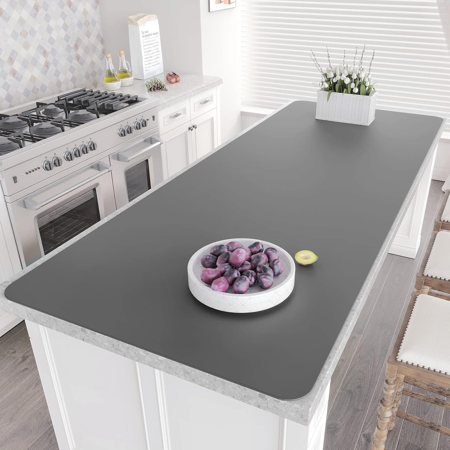 Warome Silicone Mat,78.7”x 23.6” Heat Resistant Mats for Countertop,Extra Large Countertop Protector Mat, Multi-Functional Cuttable Kitchen Counter Mat, Silicone Mats for Kitchen Counter/Crafts- Grey