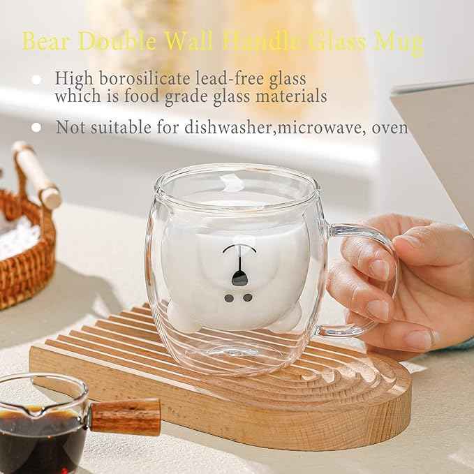 Bear Cute Mugs Kawaii Double Wall Glass Coffee Tea Mill Yogurt Cup Funny Novelty Gift for Women Her Friends Office Birthday Christmas (Bear with handle)