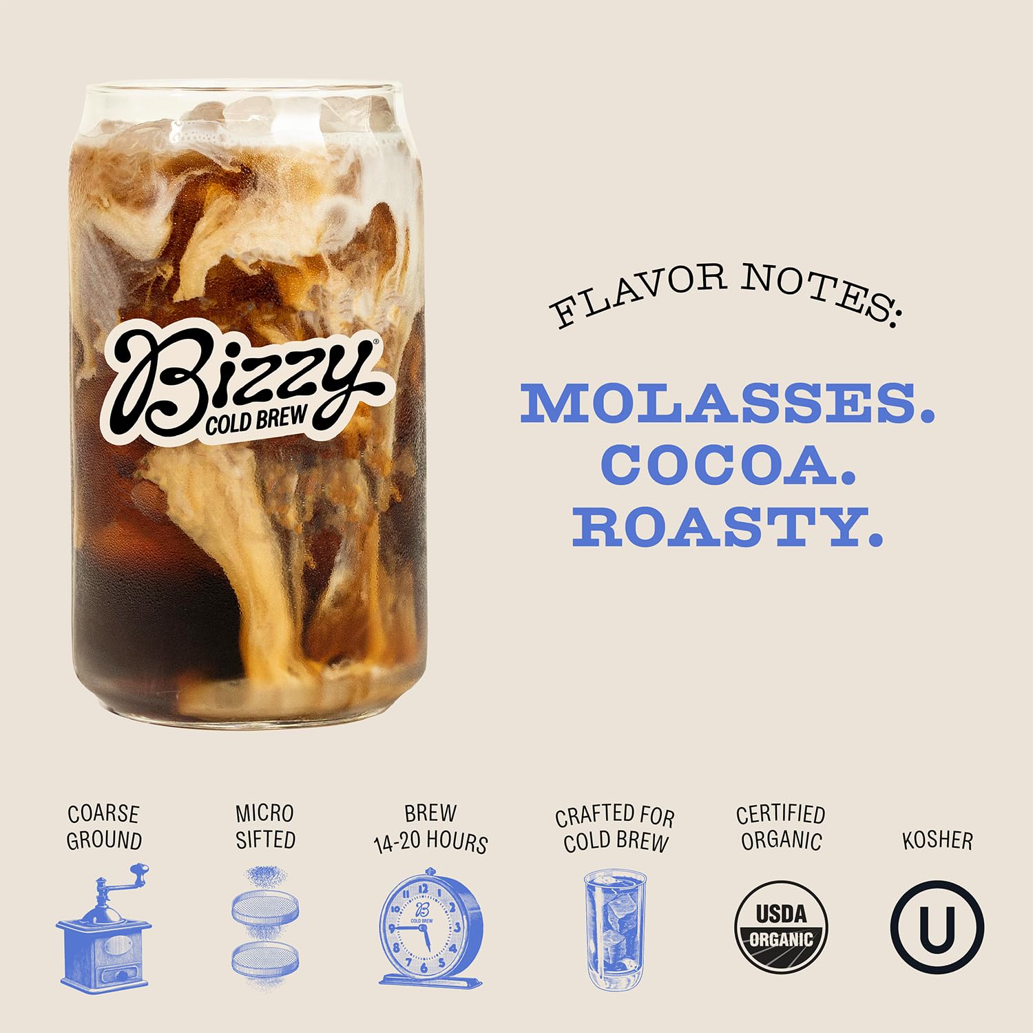 Bizzy Organic Cold Brew Coffee | Dark & Bold Blend | Coarse Ground Coffee | Dark Roast | Micro Sifted | Specialty Grade | 100% Arabica | 2 LB