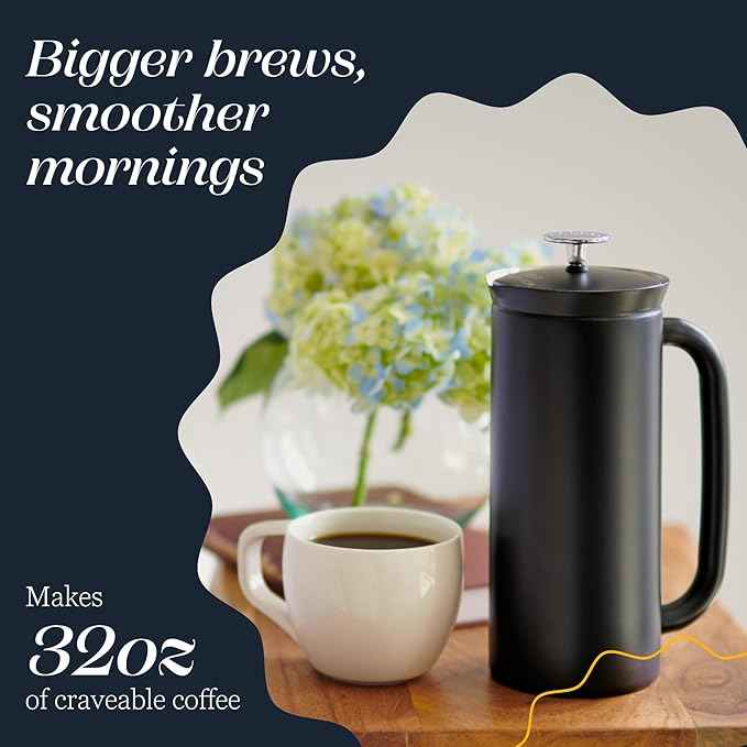 ESPRO P7 French Press Stainless Steel 304 – Patented Double Walled Micro-Filter Insulated French Press Coffee Maker, Grit-Free Brew - Heat Resistant BPA Free Coffee Maker - Matte Black (32oz)