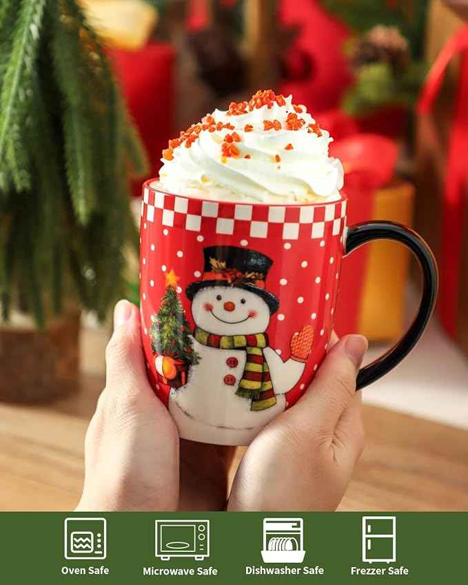 HASENSE Christmas Coffee Mugs Set of 6,15oz Ceramic Mug Gift, Matching Xmas Holiday Cups with Handles for Hot Cocoa,Coffee,Christmas Gifts for Women,Family, Friends