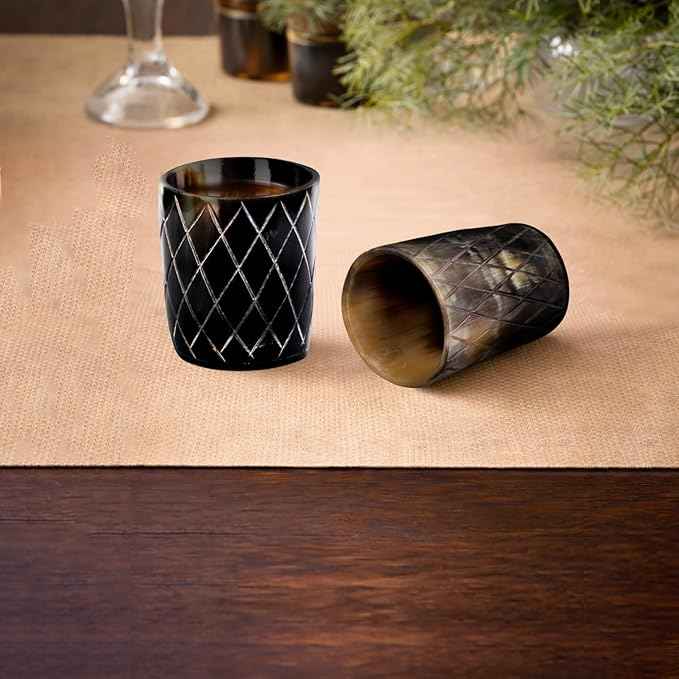 Handicrafts Home Viking Horn Shot Glasses Set of 4, Handmade Natural Ox Horn, Rustic Viking Drinkware Whiskey Shot Cups, Father’s Day Gifts, Medieval Decor Gift Set for Men & Groomsmen, Birthday Gifts