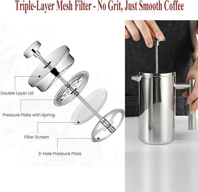 French Press Coffee Maker, 12 Oz Stainless Steel, Triple Mesh Filter, Double Wall Insulated, for Coffee & Tea, Portable for Home, Office, Camping & Travel