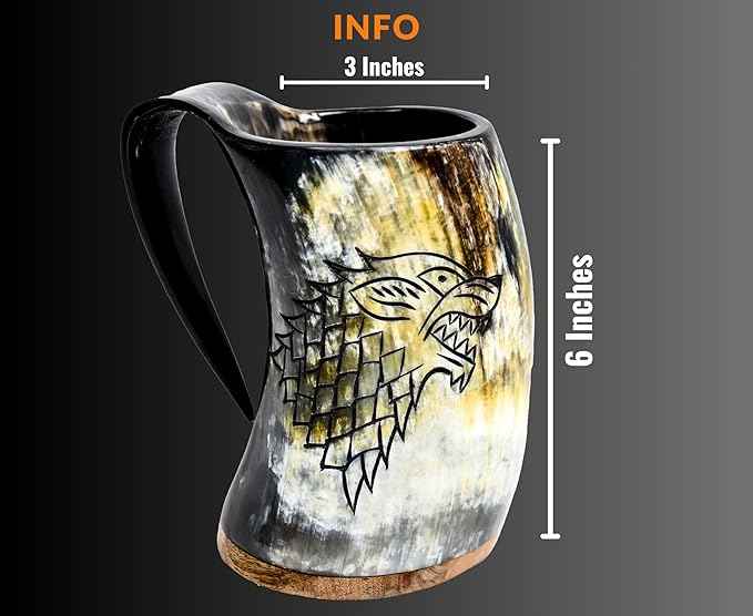 Viking Drinking Fenrir Engraving Horn Mug,16-20oz | The Ultimate Unique Handmade Ox horn Mug for Cold Drinks - 100% food safe. Vikings Horn cups (Roaring Fenrir - Polished)