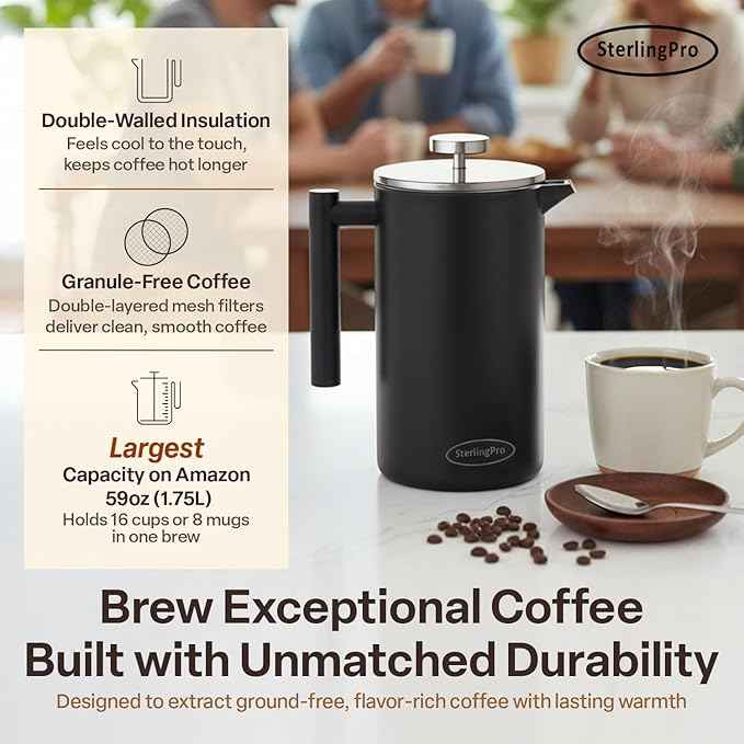 Stainless Steel French Press Coffee Maker 1.75 L (59 oz) Black – Double Walled Insulated Extra Large French Press, Durable Design Keeps Drinks Hot, Easy to Use and Clean for Rich Flavor
