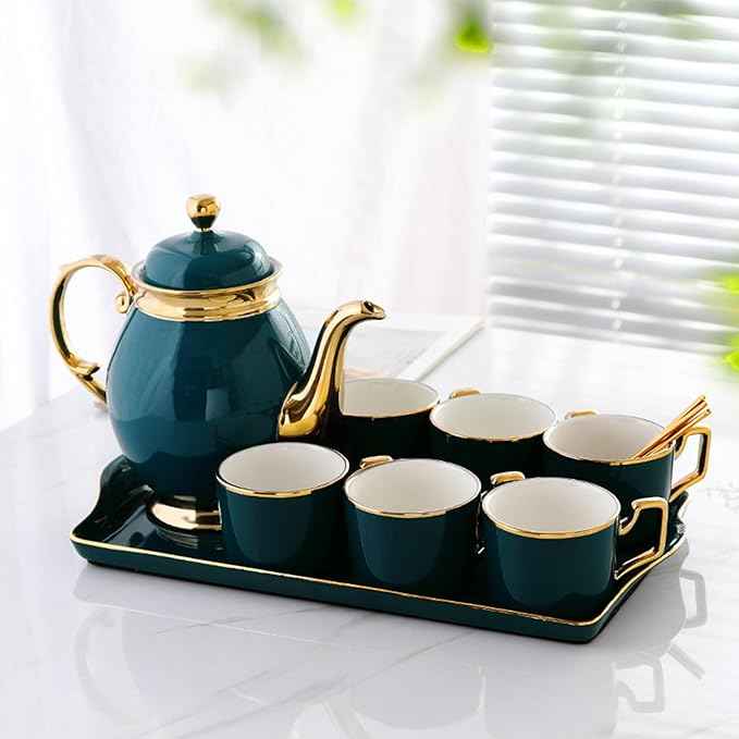 Tea Cups and Tray Set of 14 Pieces,Luxury Set with Teapot, Afternoon Tea Coffee Cups with Ceramic Tray, British Porcelain Tea Party Set for Kitchen,A