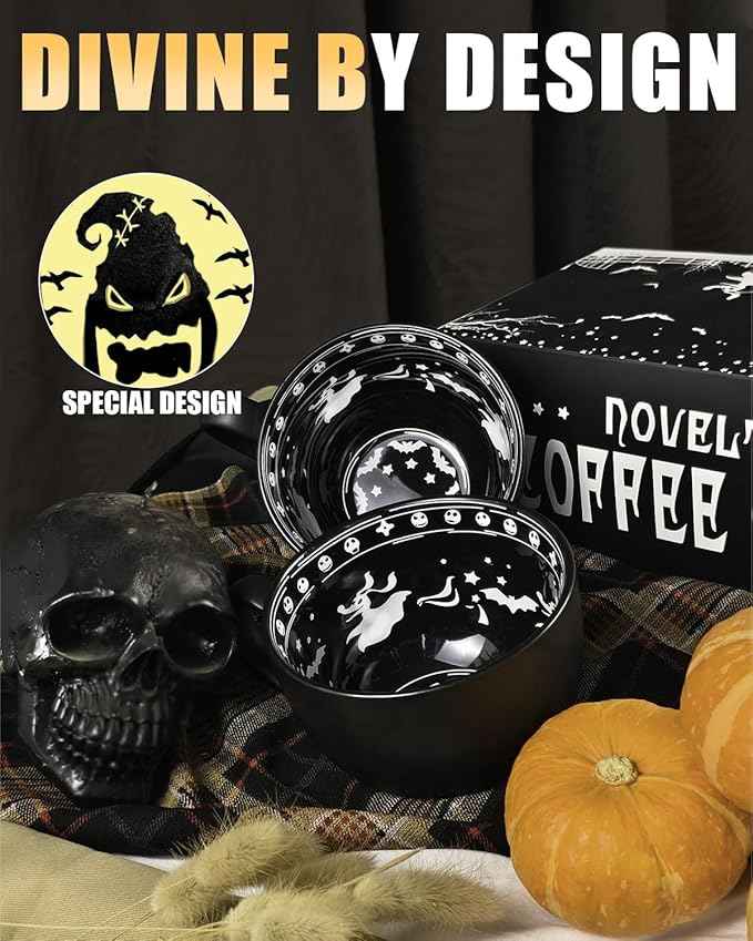 Christmas Gifts, Midnight Skull Coffee Mugs with Spoons, Halloween Birthday White Elephant Weird Gifts for Women Men Girl Friends, Halloween Spooky Witchy Gothis Decor Horror Novelty Tea Cup
