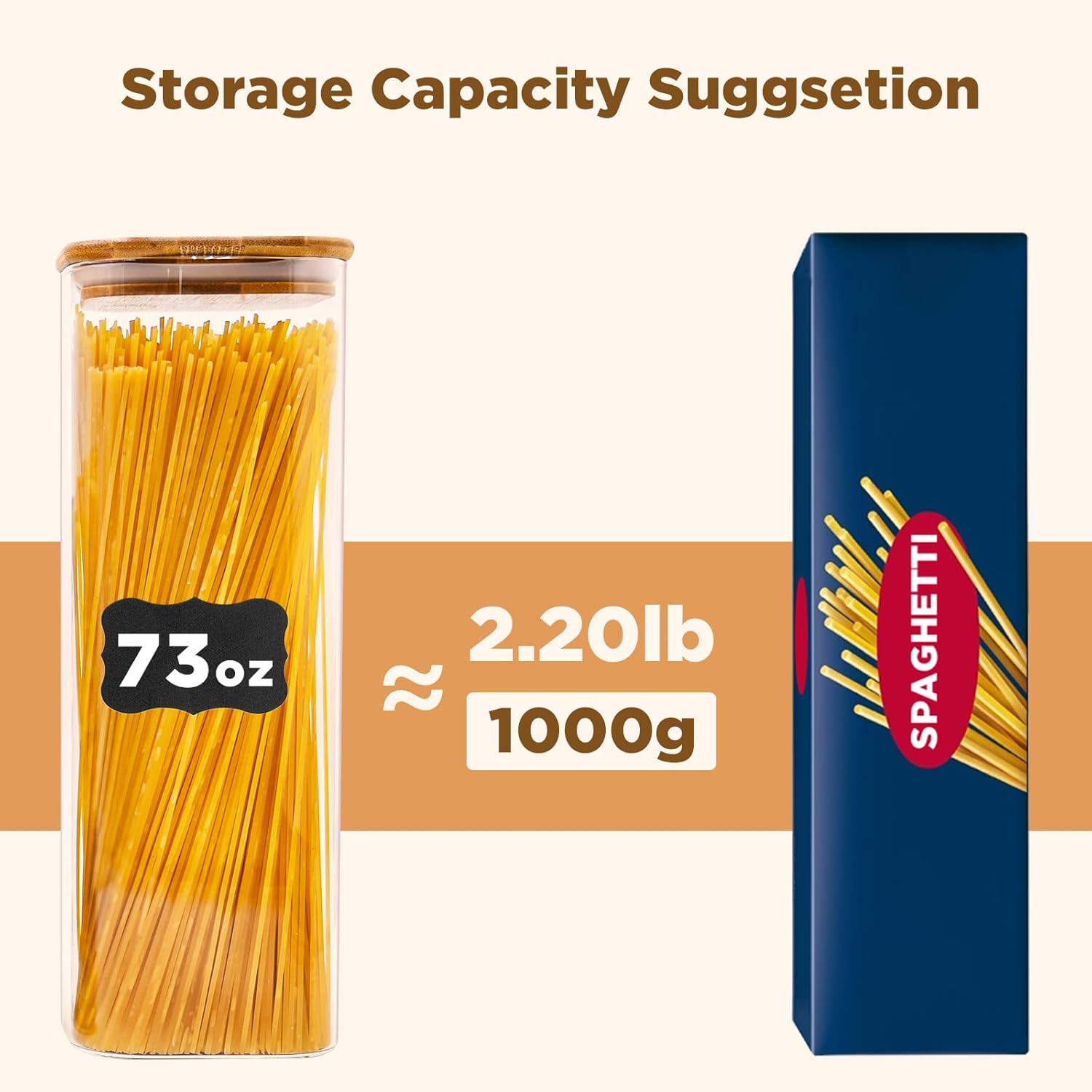 Glass Pasta Storage Jars Square 73oz, 3 Pack Glass Jars With Bamboo Lids, Tall Kitchen Storage Containers For Pasta, Storage For Pantry Organizers