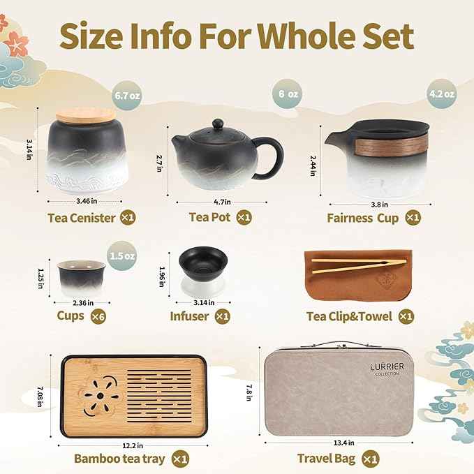 LURRIER Gongfu tea sets, Portable Ceramic TeaSet, Asian Tea sets for adult, Tea Gift sets, Grey leather case, Portable Travel Bag,Home,Gifting,Outdoor and Office(XBlack and White)