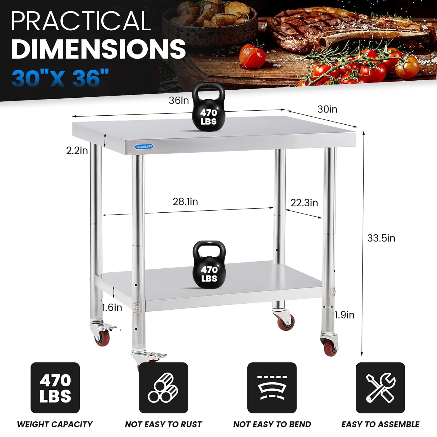 Stainless Steel Table for Prep & Work with 4 Caster Wheels with Undershelf 30 x 36 NSF Metal Commercial Kitchen Adjustable Under Shelf Worktable for Restaurant Home Outdoor