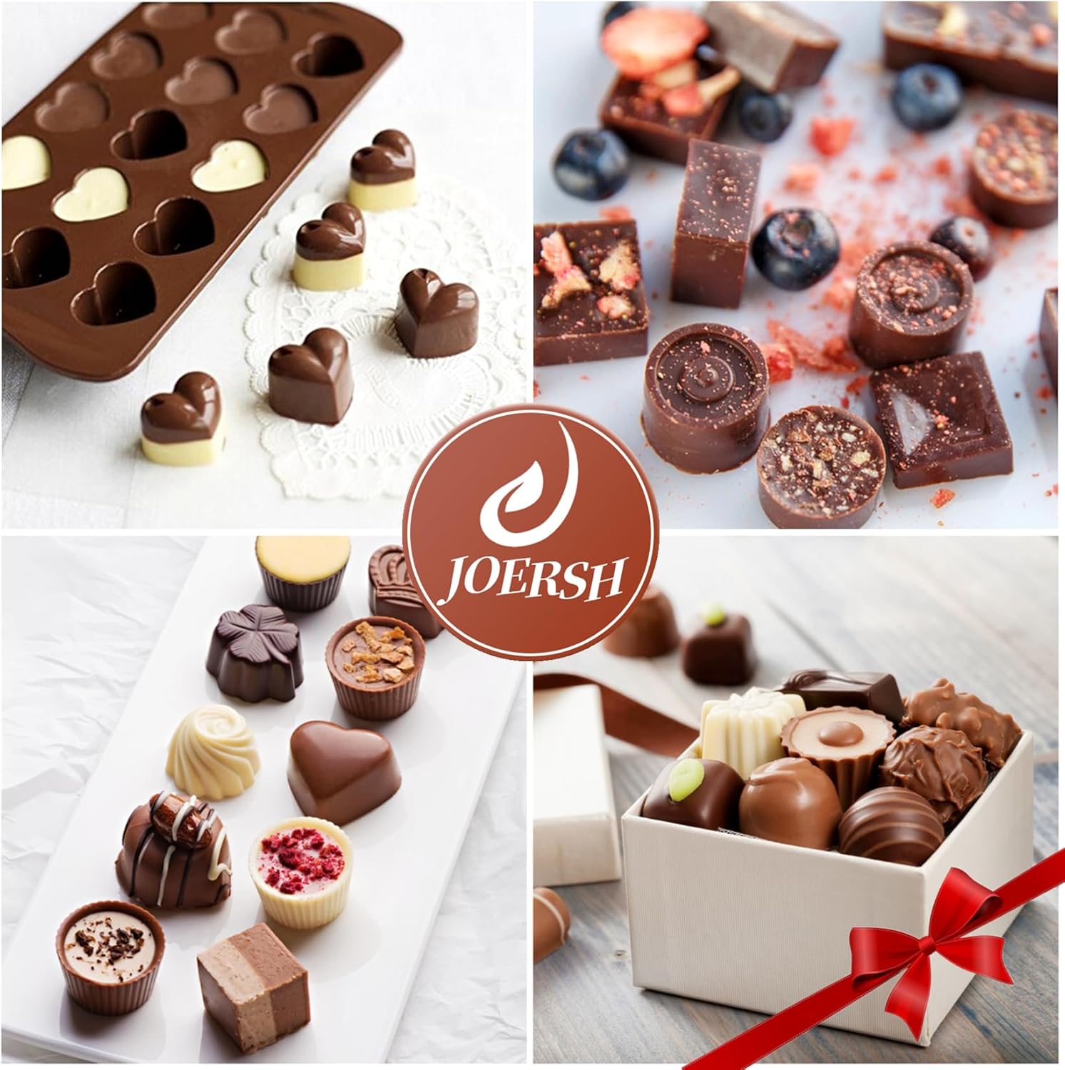 JOERSH 5PCS Silicone Chocolate Molds for Candy, Fat Bombs Snacks & Truffles, 9 Shapes 93 Cavities Candle Soap Wax Melts Mold (Square, Round, Heart, Star, Flower Shapes)