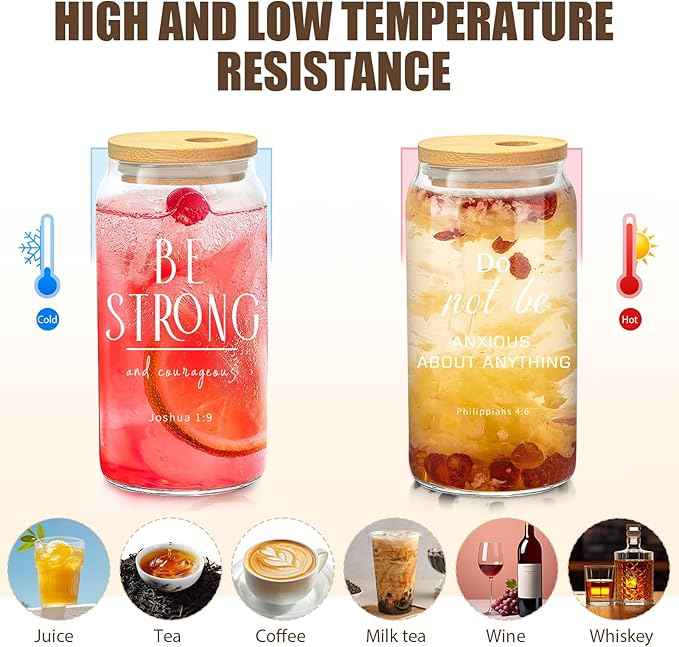 12 Pcs Christian Gift Bulk Glass Cups with Bamboo Lids and Straws 16 oz Coffee Cup Christian Gifts