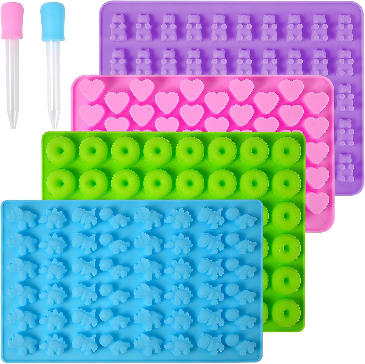 Silicone Gummy Bear Molds,4Pcs Non-stick Chocolate Candy Molds with 2 Droppers Including Mini Dinosaur, Bear Shape, Hearts and Mini Donut