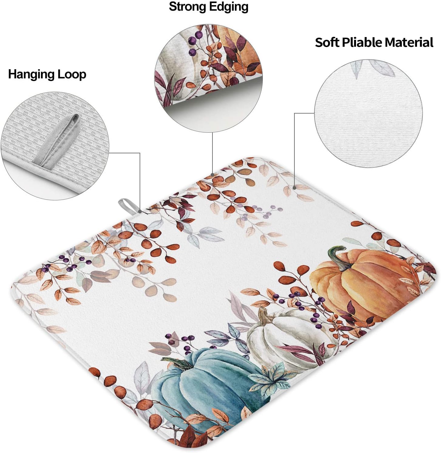 Fall Dish Drying Mat for Kitchen Counter Pumpkin Drying Pad Absorbent Drying Mats for Countertops Sinks Draining Racks Autumn Eucalyptus Leaves Drainer Holiday Harvest Thanksgiving Decorations 16x18
