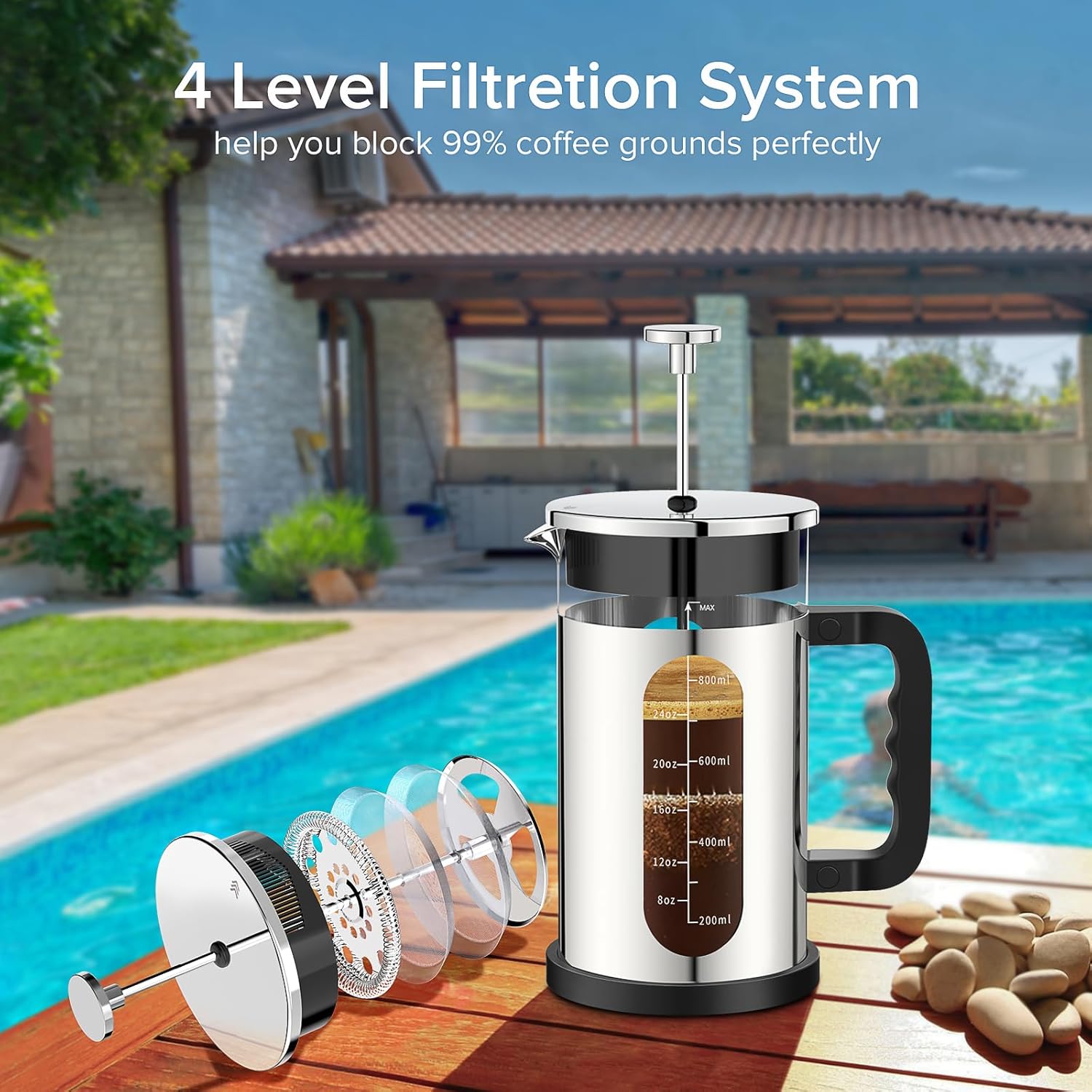 French Press Coffee Maker, 304 Stainless Steel Cold Brew Coffee Maker with 4 Filter, Heat Resistant Borosilicate Glass, Easy to Clean, BPA Free Iced Coffee Maker Rust-Free Coffee Press, 34ounce,Silver - Blissbrew