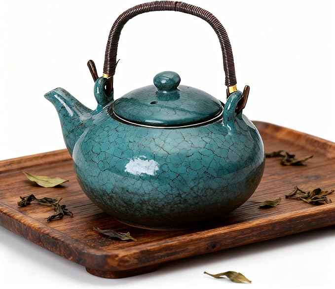 KEYDUACU Japanese Tea Set, Ceramic Tea Set, Plum Blossom Embossed, Teapot, 6 Teacups, Tea Tray, Strainer, Home, Outdoor, Gift, Chinese Kung Fu Tea Set (Pine Green)
