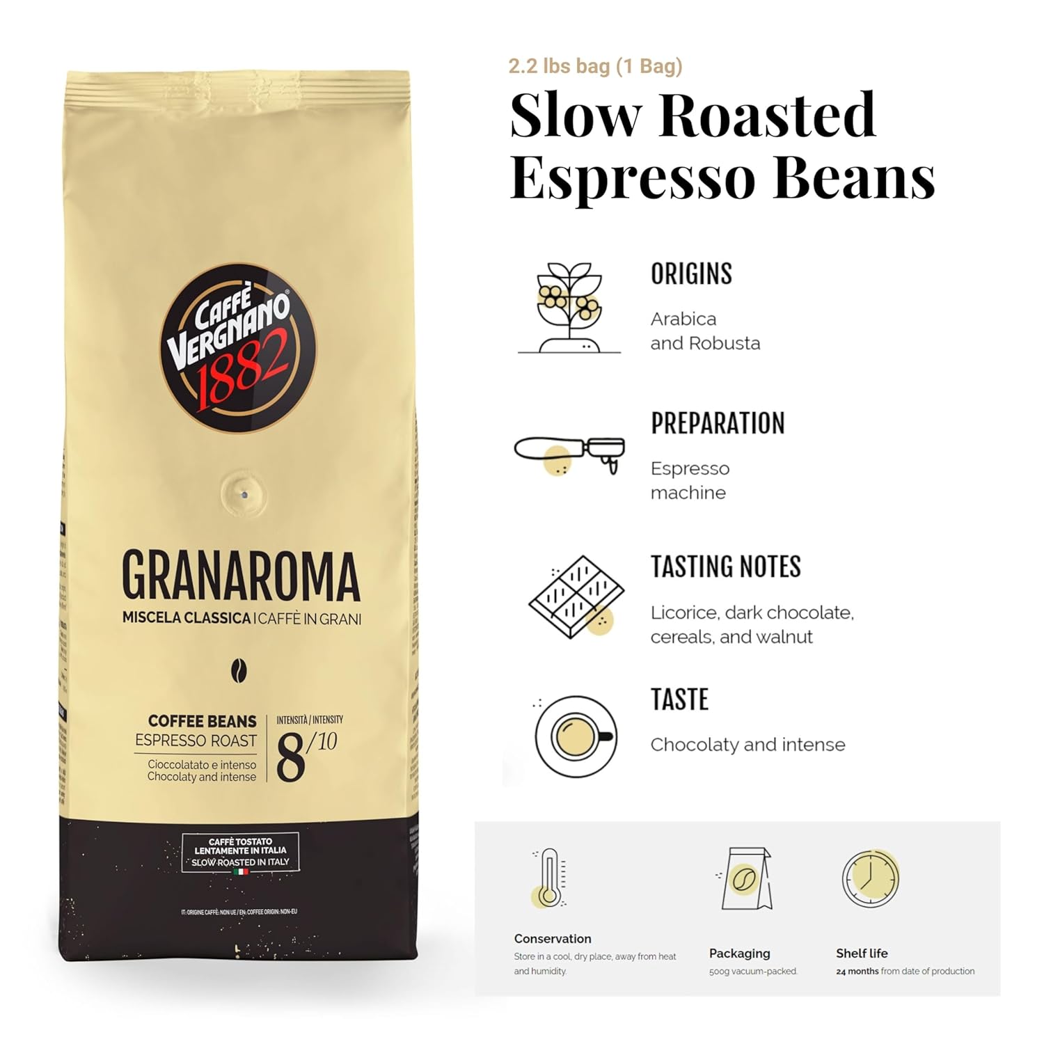 Caffe Vergnano 1882 Gran Aroma Whole Bean Arabica Medium Espresso Roast Coffee, 2.2lbs Bag - Italian Coffee Beans with Rich notes of Cocoa, Spices & Dried Fruit, Intensity 8/10-1000g Bag