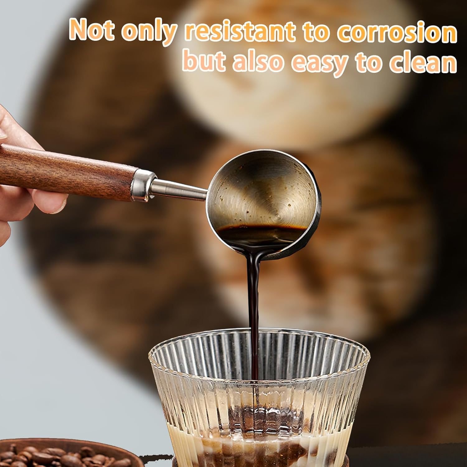 1pcs Coffee Scoop for Ground Coffee, Beans and Tea，Vintage Coffee Measuring Spoon with Long Wooden Handle 30ml/10g Capacity 304 Stainless Steel（Silver)