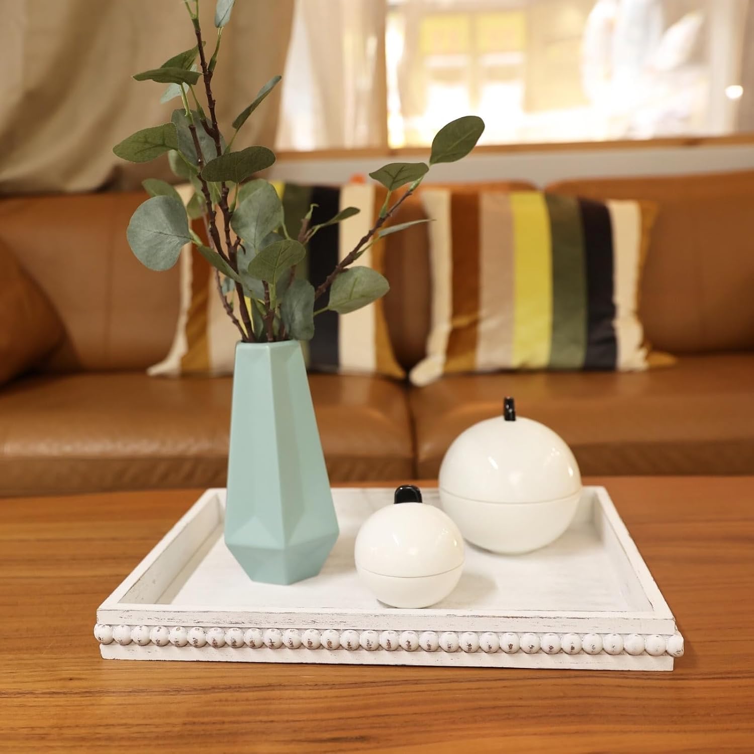 Wood Decorative Coffee Table Serving Tray, Farmhouse Rectangular Tray with Wooden Bead for Ottoman, Entertaining, Home Decor, 15.7”*11.8”*1.57” (Whitewashed)