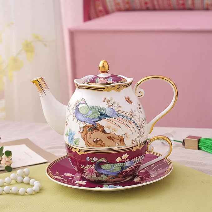 ACMLIFE Bone China Tea Set for One Teapot fnd Cup Set, Vintage Floral Tea Cup Set With Teapot and Saucer Set 12 Oz Bone China Tea for One Set Teapot and Cup Set for Gift
