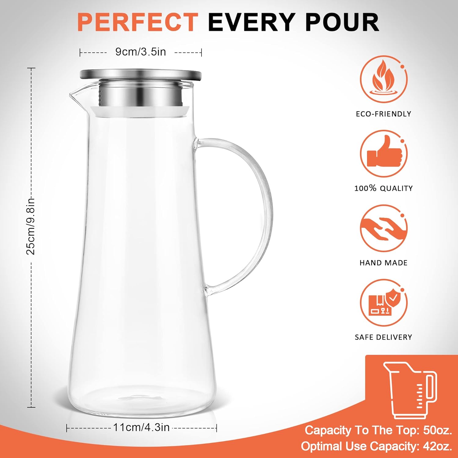 SUSTEAS 1.5 Liter 51oz Glass Pitcher with Lid, Easy Clean Heat Resistant Glass Water Carafe with Handle for Hot/Cold Beverages - Water, Cold Brew, Iced Tea & Juice, With 1 Long-Handled Brush Included