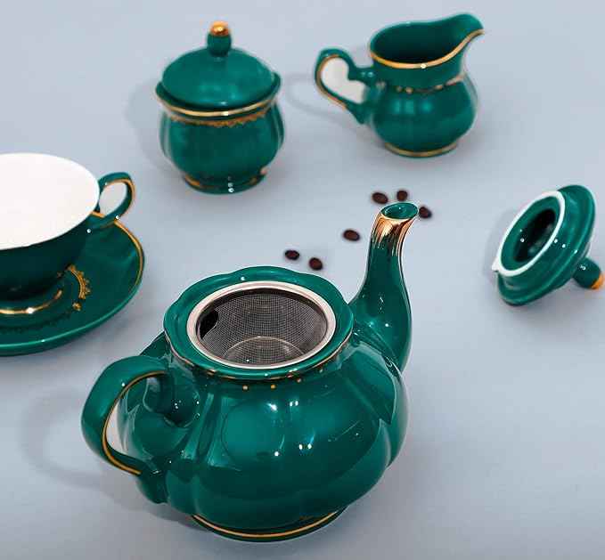 CHENP.HMC Tea Set 22-Piece Porcelain Ceramic Coffee Tea Sets Cups Saucer Service for 6 Teapot Sugar Bowl Creamer Pitcher and Teaspoons Porcelain Tea Set(Dark Green)