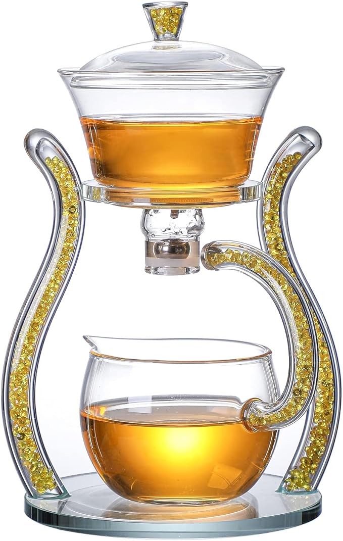 RORA Glass Teapot Set Semi Automatic Drip Rotating with Infuser Lazy Kungfu Tea pot Set (Yellow)