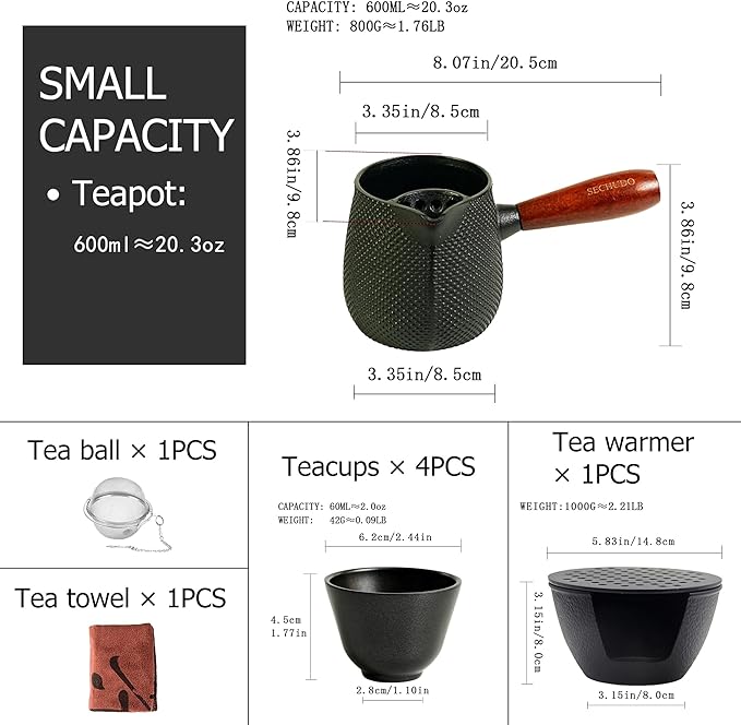 600ml Cast Iron Teapot Set, Japanese Tea Kettle for Stovetop without Lid, 20.3 fl oz Tea Set with Stainless Steel Teacups and Cast Iron Tea Warmer, Tea Ball for Loose Leaf, Wooden Side-handle