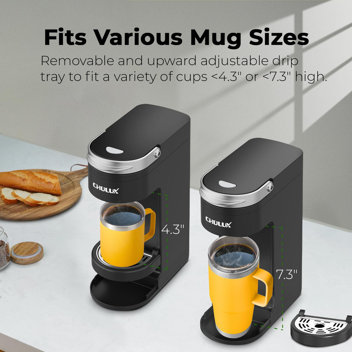 Single serve coffee machine fitting a travel mug