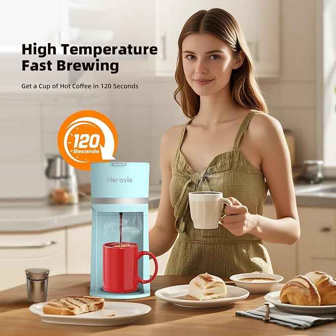 Mini Single Serve Coffee Maker for K Cup and Ground Coffee, Fast Brew One Cup Coffee Machine with Descaling Reminder and Water Window, 6 to 12 oz. Brew Sizes, Light Blue