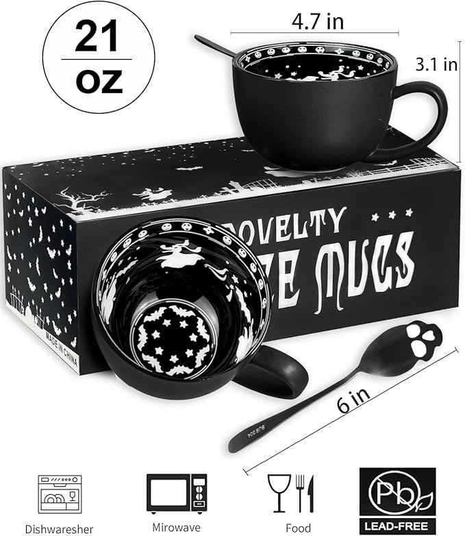 Christmas Gifts,2Pack Midnight Skull Coffee Mugs with Spoons, Halloween Birthday White Elephant Weird Gifts for Women Men Girl Friends, Spooky Witchy Gothis Decor Horror Novelty Tea Cup