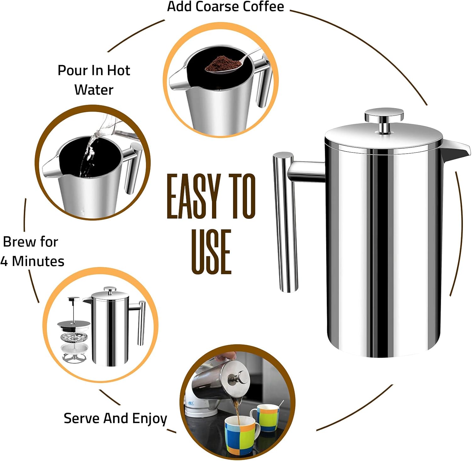 Utopia Kitchen Stainless Steel French Press Coffee Maker 34 Oz (1 Litre) with 2 Extra Filters, French Press Coffee & Tea Maker for Kitchen & Camping, Cold Brew Cafetiere, Silver - Blissbrew