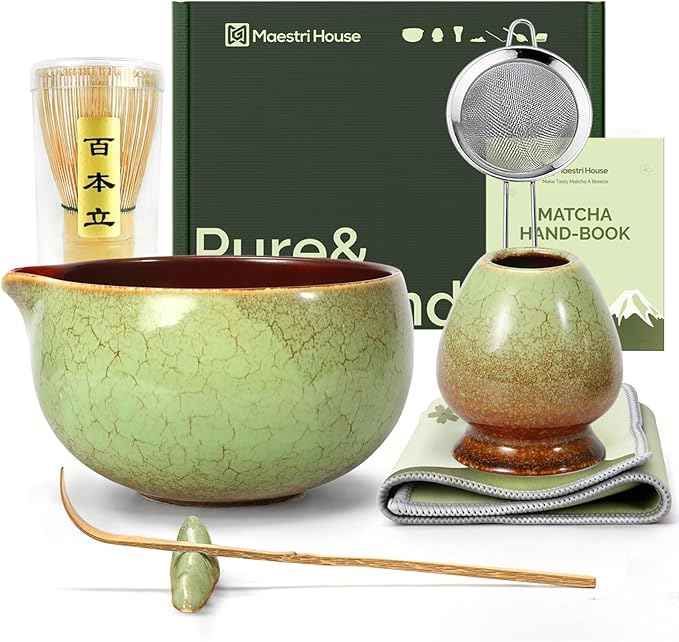 Maestri House Matcha Whisk Set, 7-Pc Complete Matcha Kit with Spouted Ceramic Bowl, Bamboo Whisk and Holder, Scoop, Spoon Rest & Sifter, Tea Cloth – Ideal Gift for Matcha Lovers (Verdant Abyss)