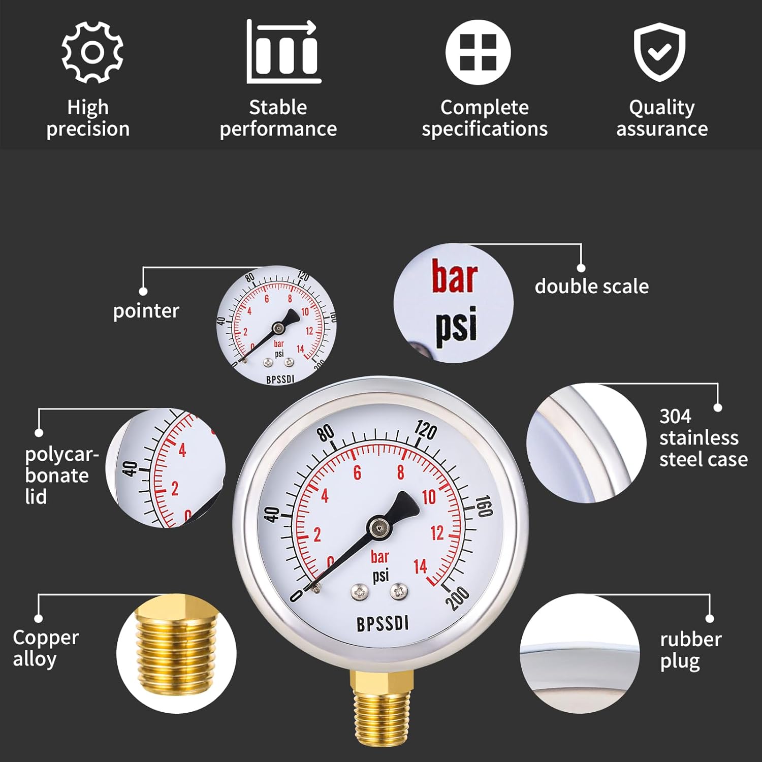 0-200 Psi Pressure Gauge, 2.5" Dial Size, 1/4" NPT Lower Mount, 304 Stainless Steel Case, Water Pressure Gauge Test for Pool Pump, Sand Filter, Air Compressor, Espresso(with Tape)