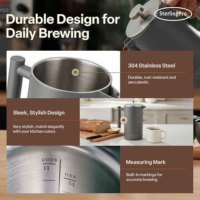 Stainless Steel French Press Coffee Maker 1.5 L (51 oz) Grey – Double Walled Insulated Large Coffee Press, Durable Design Keeps Drinks Hot, Easy to Use and Clean for Rich Flavor Brewing