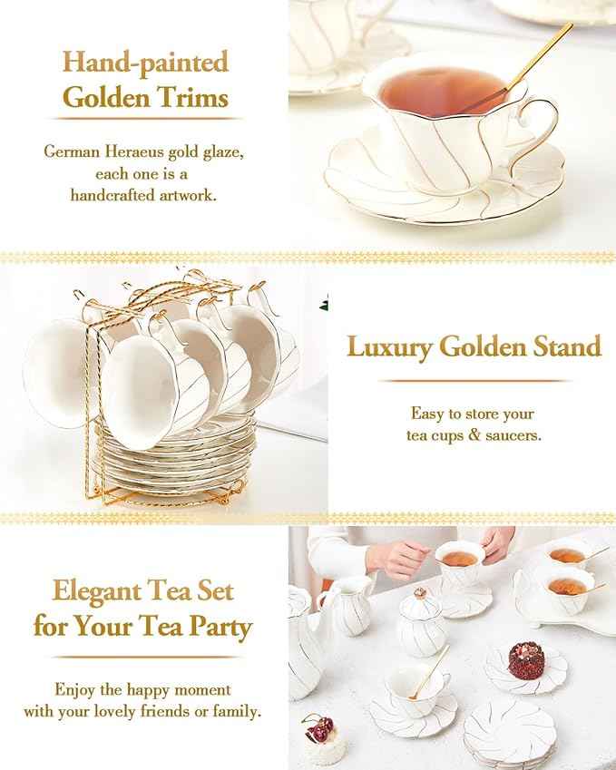 DUJUST 22 pcs Porcelain Tea Set for 6 ＆ Larger 2-Tier Cupcake Stand Tower, Luxury British Style Tea/Coffee Cup Set with Golden Trim, Food Grade Dessert Display Stand for Tea Party - White