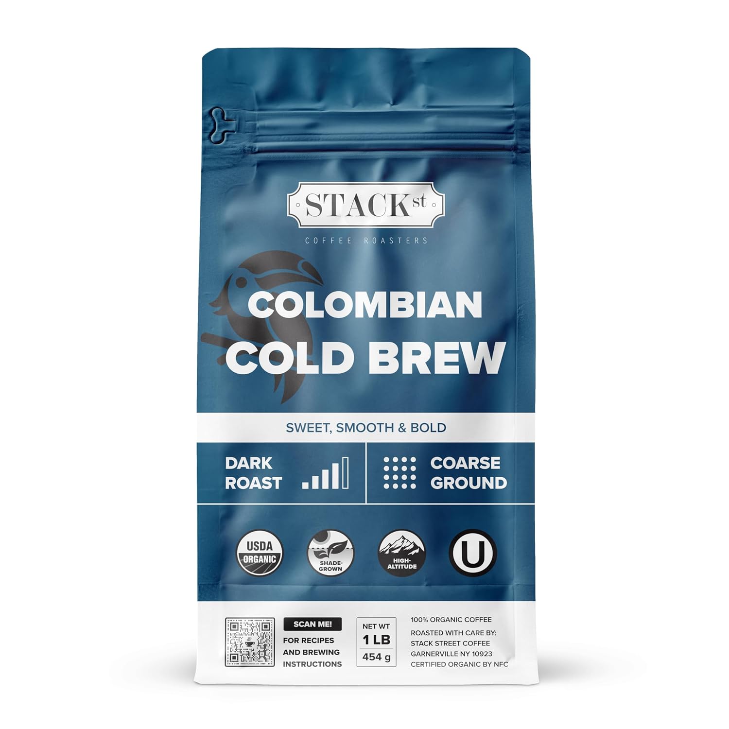 Organic Cold Brew Coffee Coarse Ground 1 LB - Colombian Supremo Reserve Flavor Dark Roast Coarse Grind - 100% Arabica Beans - Handcrafted, Single Origin, Micro Roast, Direct Trade – By Stack Street - Blissbrew