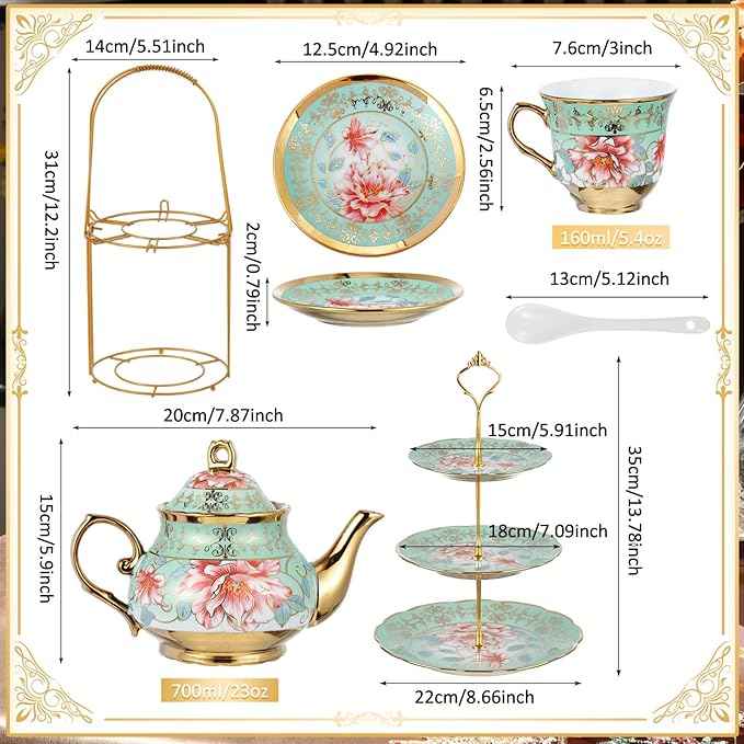 Maxcheck 21 Pcs Porcelain Tea Set for Women Tea Party with Metal Holder and 3 Tier Cake Stand Ceramic European Floral Teapot Set for Adults Mother's Day Christmas Thoughtful Gift(Fresh Style)