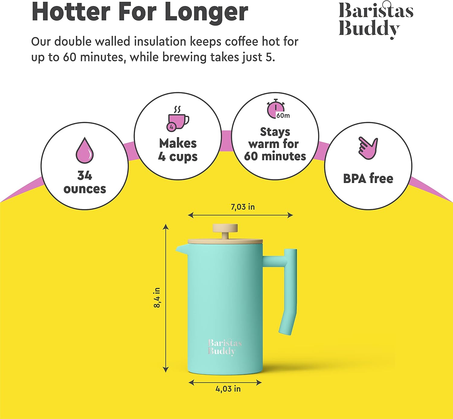 French Press Coffee Maker - Insulated, Stainless Steel Manual Coffee Makers For Home, Office Or Camping - Large 34oz Capacity For 4 Cups - Blissbrew