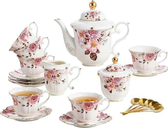 TATSUMI Country Roses Porcelain Tea Set, European Ceramic tea set for adults,Vintage Style, For Women and Tea Parties (Chocolate Red, 21 Pieces Set)