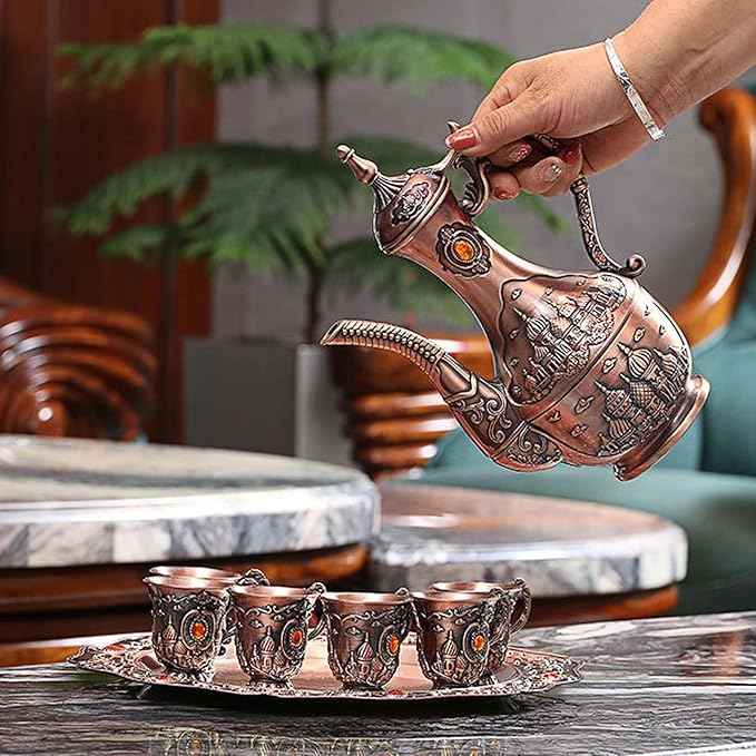 Vintage Turkish Coffee Pot Set for 6 Including Tray and Teapot,Metal Cups,Teapot and Cup Set for One,Tea Service Set for Home Tea Table Decor,Wedding Ornaments(Copper)