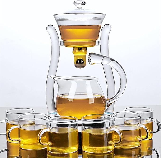 MOZEO Lazy Kungfu Teapot Glass Semi-automatic Tea Maker Suction Automatic Water Brewing Teapot Office Flower Glass Tea Set with 6pcs Cups