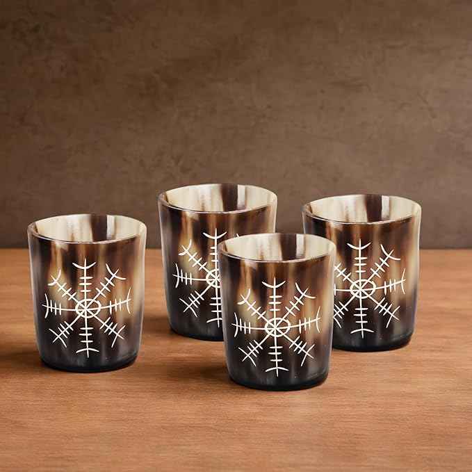 Handicrafts Home Viking Horn Shot Glasses Set of 4, Handmade Natural Ox Horn, Rustic Viking Drinkware Whiskey Shot Cups, Father’s Day Gifts, Medieval Decor Gift Set for Men & Groomsmen, Birthday Gifts