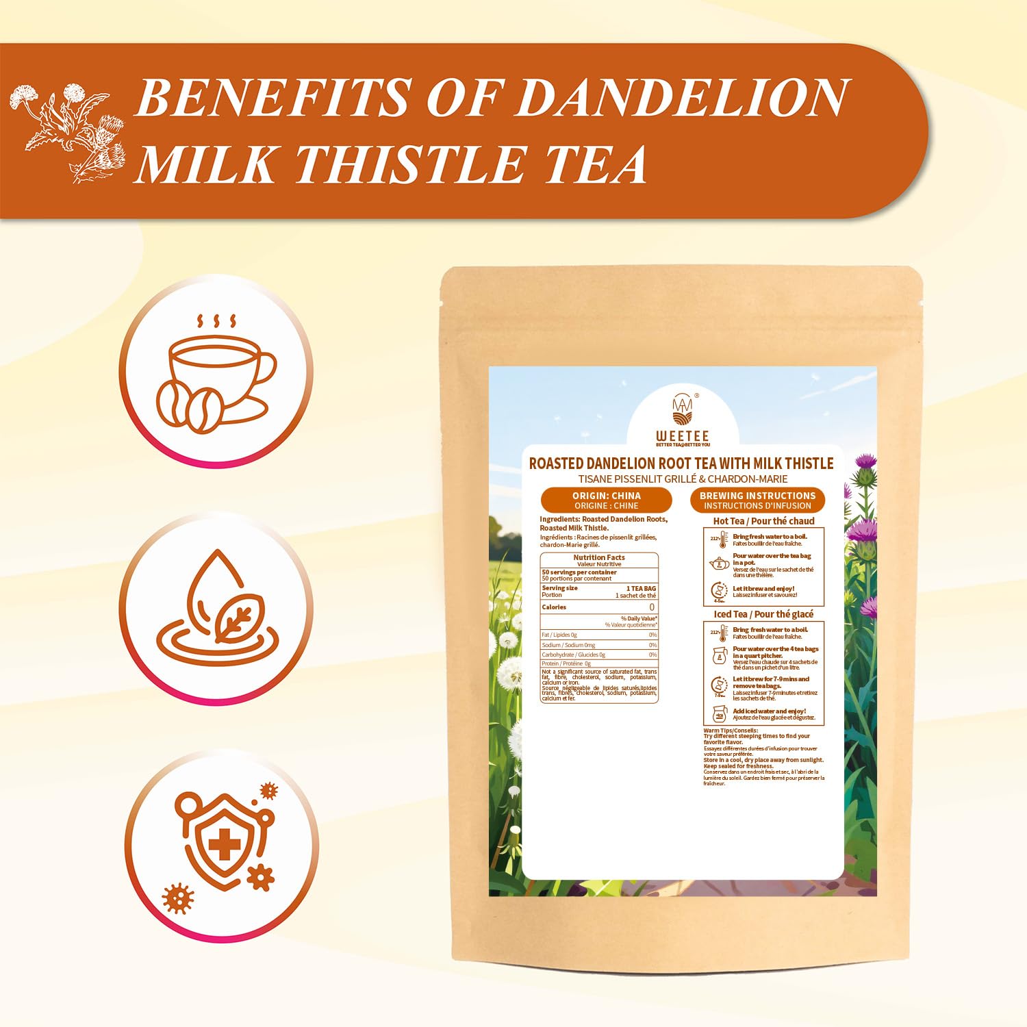Roasted Dandelion Root Tea with Milk Thistle (50 Count)