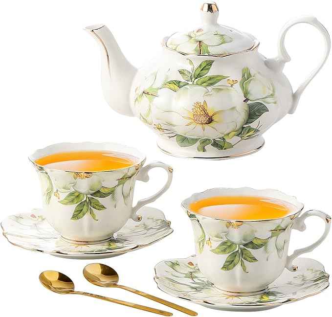 TATSUMI Country Roses Porcelain Tea Set, European Ceramic tea set for one or two,Vintage Style, For Women and Tea Parties (Green, 7 Pieces Set)
